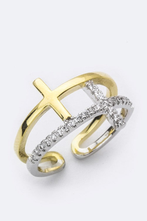2 tone CZ Crosses ring - Wild Willows Boutique NY – Massapequa, New York. Affordable and fashionable clothing for women of all ages. Bottoms, tops, dresses, intimates, outerwear, sweaters, shoes, accessories, jewelry, activewear and more//wild Willow Boutique