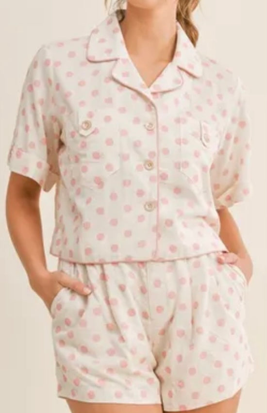 MABLE Polka Dot Collar Crop Top and Short Lounge Set