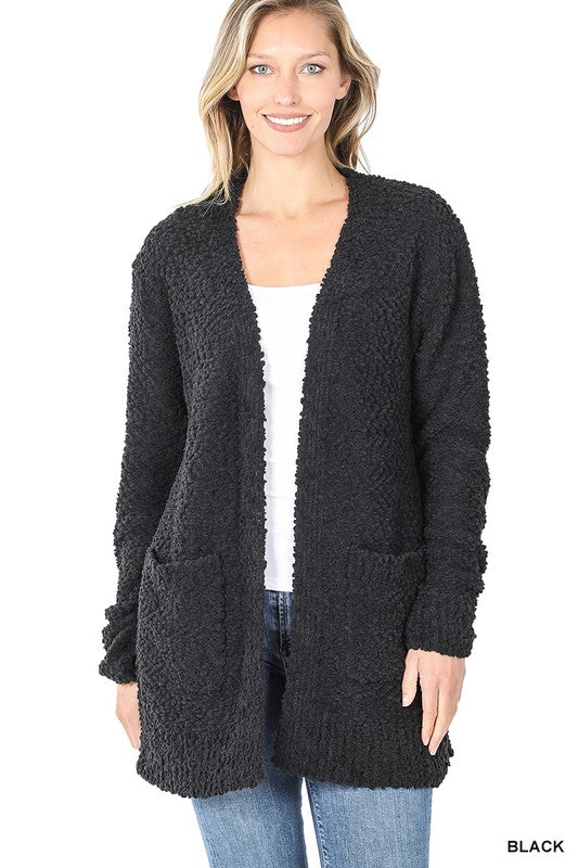 LONG SLEEVE POPCORN SWEATER CARDIGAN WITH POCKETS - sweater - Wild Willows Boutique - Massapequa, NY, affordable and fashionable clothing for women of all ages. Bottoms, tops, dresses, intimates, outerwear, sweater, shoes, accessories, jewelry, active wear, and more // Wild Willow Boutique.