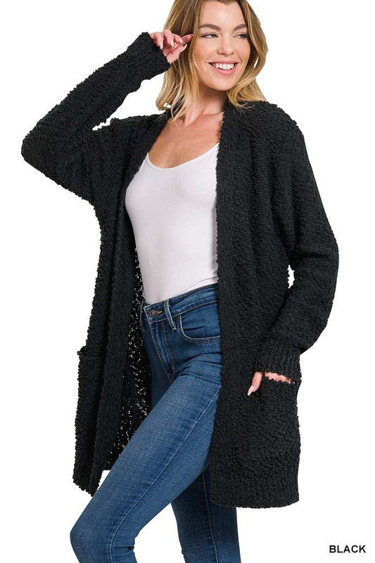 LONG SLEEVE POPCORN SWEATER CARDIGAN WITH POCKETS - sweater - Wild Willows Boutique - Massapequa, NY, affordable and fashionable clothing for women of all ages. Bottoms, tops, dresses, intimates, outerwear, sweater, shoes, accessories, jewelry, active wear, and more // Wild Willow Boutique.