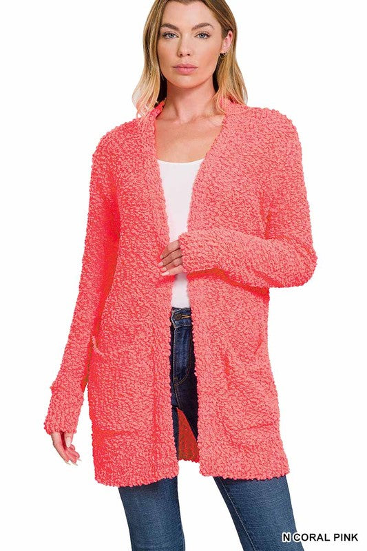 LONG SLEEVE POPCORN SWEATER CARDIGAN WITH POCKETS - sweater - Wild Willows Boutique - Massapequa, NY, affordable and fashionable clothing for women of all ages. Bottoms, tops, dresses, intimates, outerwear, sweater, shoes, accessories, jewelry, active wear, and more // Wild Willow Boutique.