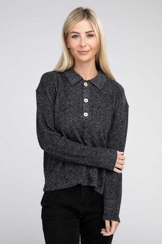 Brushed Melange Hacci Collared Sweater -  - Wild Willows Boutique - Massapequa, NY, affordable and fashionable clothing for women of all ages. Bottoms, tops, dresses, intimates, outerwear, sweater, shoes, accessories, jewelry, active wear, and more // Wild Willow Boutique.