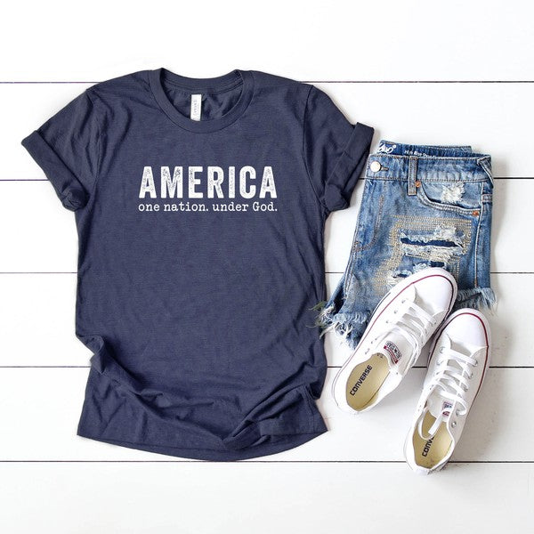 America, one nation under God, short sleeve T-shirt - Wild Willows Boutique NY – Massapequa, New York. Affordable and fashionable clothing for women of all ages. Bottoms, tops, dresses, intimates, outerwear, sweaters, shoes, accessories, jewelry, activewear and more//wild Willow Boutique