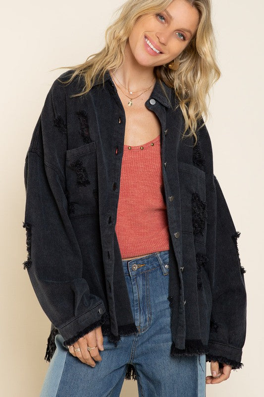 Fringe Distressed Oversized Jacket - outerwear - Wild Willows Boutique - Massapequa, NY, affordable and fashionable clothing for women of all ages. Bottoms, tops, dresses, intimates, outerwear, sweater, shoes, accessories, jewelry, active wear, and more // Wild Willow Boutique.