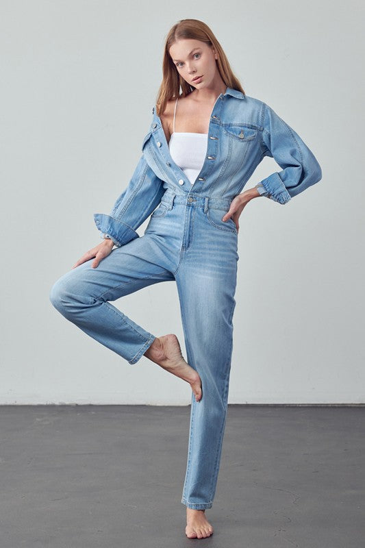 High Waist Flap Pocket Half Button Denim Jumpsuit