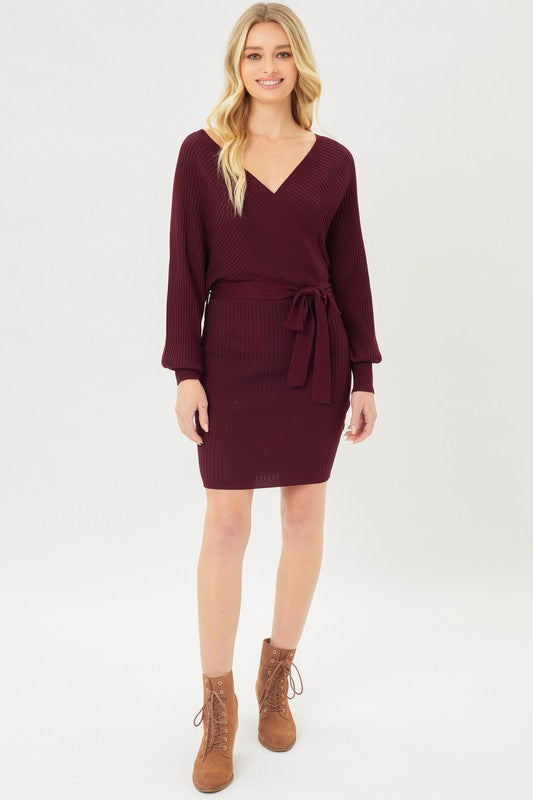 Off Shoulder Wrap Belted Ribbed Knit Dress -  - Wild Willows Boutique - Massapequa, NY, affordable and fashionable clothing for women of all ages. Bottoms, tops, dresses, intimates, outerwear, sweater, shoes, accessories, jewelry, active wear, and more // Wild Willow Boutique.