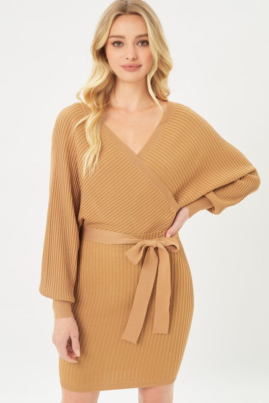 Off Shoulder Wrap Belted Ribbed Knit Dress -  - Wild Willows Boutique - Massapequa, NY, affordable and fashionable clothing for women of all ages. Bottoms, tops, dresses, intimates, outerwear, sweater, shoes, accessories, jewelry, active wear, and more // Wild Willow Boutique.