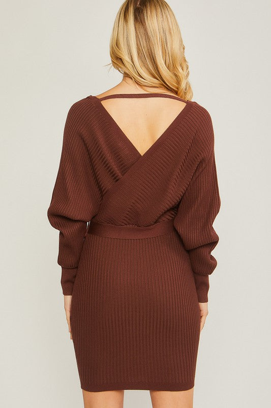 Off Shoulder Wrap Belted Ribbed Knit Dress -  - Wild Willows Boutique - Massapequa, NY, affordable and fashionable clothing for women of all ages. Bottoms, tops, dresses, intimates, outerwear, sweater, shoes, accessories, jewelry, active wear, and more // Wild Willow Boutique.