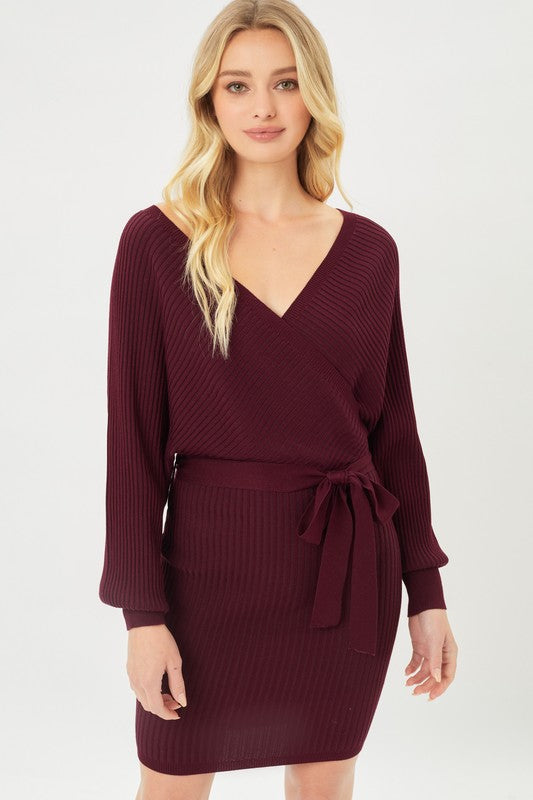 Off Shoulder Wrap Belted Ribbed Knit Dress -  - Wild Willows Boutique - Massapequa, NY, affordable and fashionable clothing for women of all ages. Bottoms, tops, dresses, intimates, outerwear, sweater, shoes, accessories, jewelry, active wear, and more // Wild Willow Boutique.