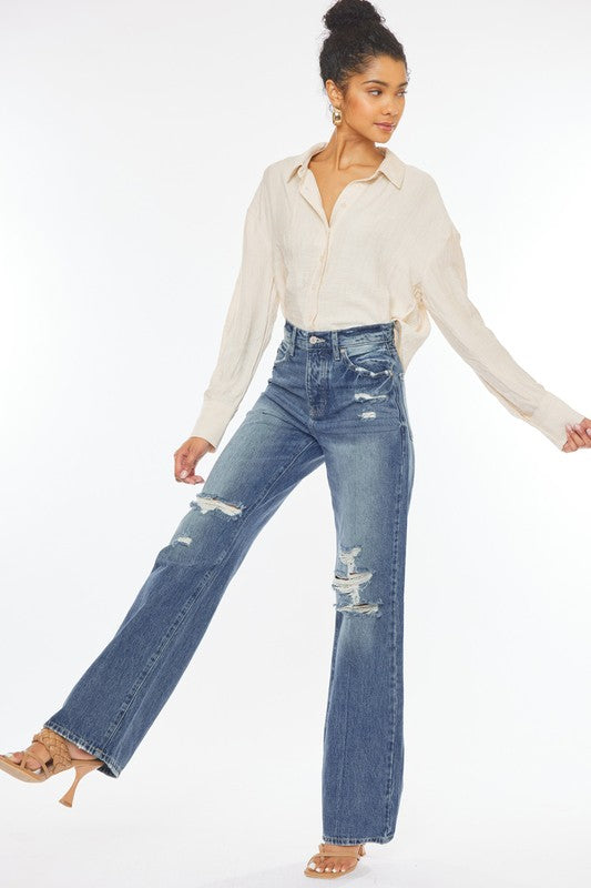 ULTRA HIGH RISE DISTRESSED NINETIES FLARE-KC8682M - Jeans - Wild Willows Boutique - Massapequa, NY, affordable and fashionable clothing for women of all ages. Bottoms, tops, dresses, intimates, outerwear, sweater, shoes, accessories, jewelry, active wear, and more // Wild Willow Boutique.