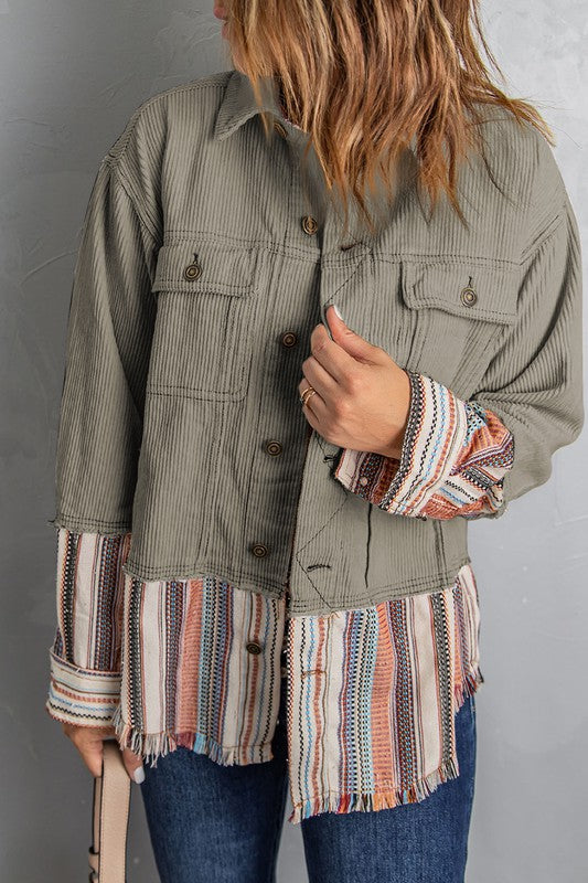 Button Up Pockets Striped Corduroy Jacket - Schacket - Wild Willows Boutique - Massapequa, NY, affordable and fashionable clothing for women of all ages. Bottoms, tops, dresses, intimates, outerwear, sweater, shoes, accessories, jewelry, active wear, and more // Wild Willow Boutique.