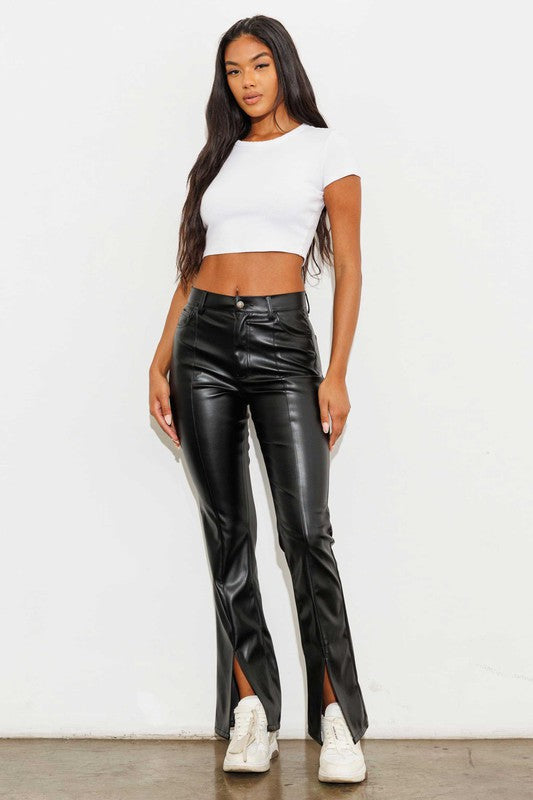 Vegan Leather Front Slit Bootcut - Sweatpants - Wild Willows Boutique - Massapequa, NY, affordable and fashionable clothing for women of all ages. Bottoms, tops, dresses, intimates, outerwear, sweater, shoes, accessories, jewelry, active wear, and more // Wild Willow Boutique.