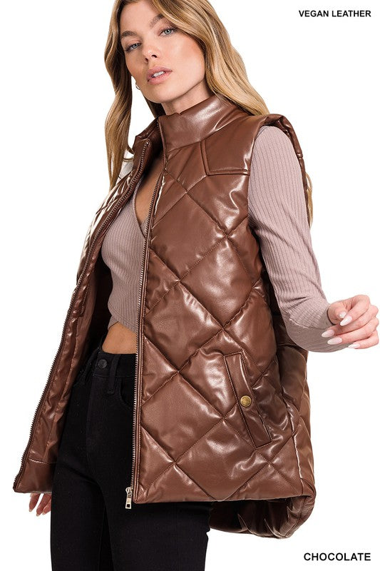 VEGAN LEATHER PUFFER VEST - Vest - Wild Willows Boutique - Massapequa, NY, affordable and fashionable clothing for women of all ages. Bottoms, tops, dresses, intimates, outerwear, sweater, shoes, accessories, jewelry, active wear, and more // Wild Willow Boutique.