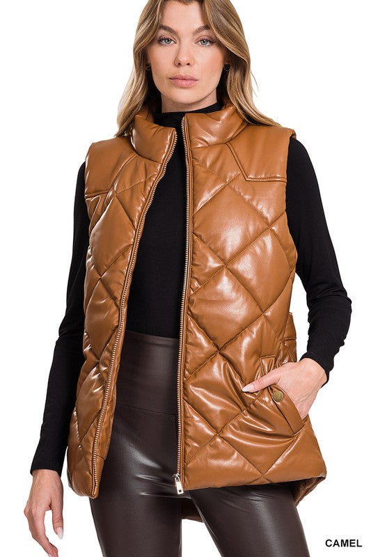 VEGAN LEATHER PUFFER VEST - Vest - Wild Willows Boutique - Massapequa, NY, affordable and fashionable clothing for women of all ages. Bottoms, tops, dresses, intimates, outerwear, sweater, shoes, accessories, jewelry, active wear, and more // Wild Willow Boutique.