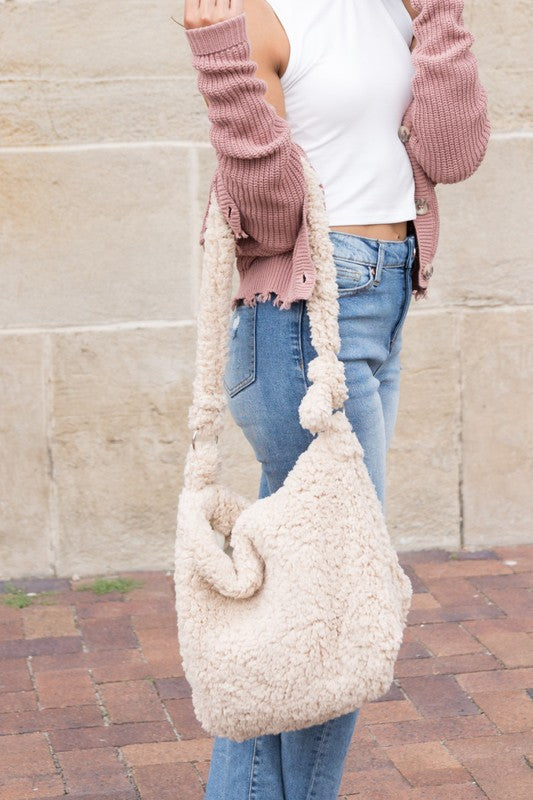 Boucle Sherpa Messenger Bag - handbag - Wild Willows Boutique - Massapequa, NY, affordable and fashionable clothing for women of all ages. Bottoms, tops, dresses, intimates, outerwear, sweater, shoes, accessories, jewelry, active wear, and more // Wild Willow Boutique.