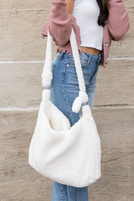 Boucle Sherpa Messenger Bag - handbag - Wild Willows Boutique - Massapequa, NY, affordable and fashionable clothing for women of all ages. Bottoms, tops, dresses, intimates, outerwear, sweater, shoes, accessories, jewelry, active wear, and more // Wild Willow Boutique.