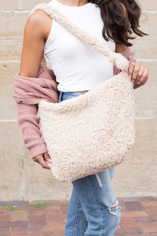 Boucle Sherpa Messenger Bag - handbag - Wild Willows Boutique - Massapequa, NY, affordable and fashionable clothing for women of all ages. Bottoms, tops, dresses, intimates, outerwear, sweater, shoes, accessories, jewelry, active wear, and more // Wild Willow Boutique.