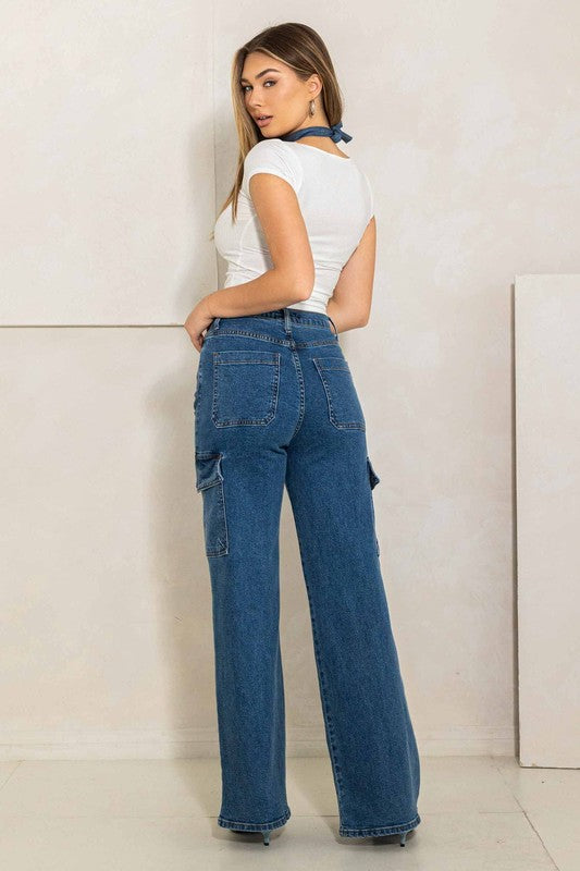 High Rise Crossed Waist Cargo Wide Jeans -  - Wild Willows Boutique - Massapequa, NY, affordable and fashionable clothing for women of all ages. Bottoms, tops, dresses, intimates, outerwear, sweater, shoes, accessories, jewelry, active wear, and more // Wild Willow Boutique.