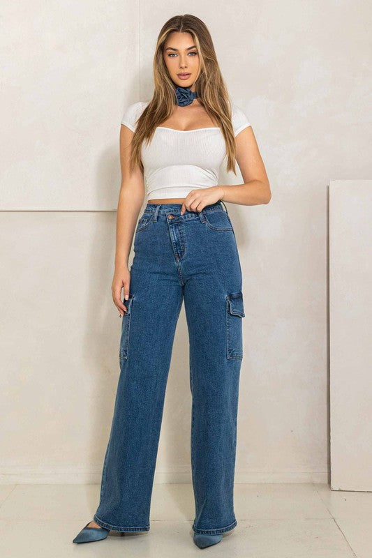 High Rise Crossed Waist Cargo Wide Jeans -  - Wild Willows Boutique - Massapequa, NY, affordable and fashionable clothing for women of all ages. Bottoms, tops, dresses, intimates, outerwear, sweater, shoes, accessories, jewelry, active wear, and more // Wild Willow Boutique.