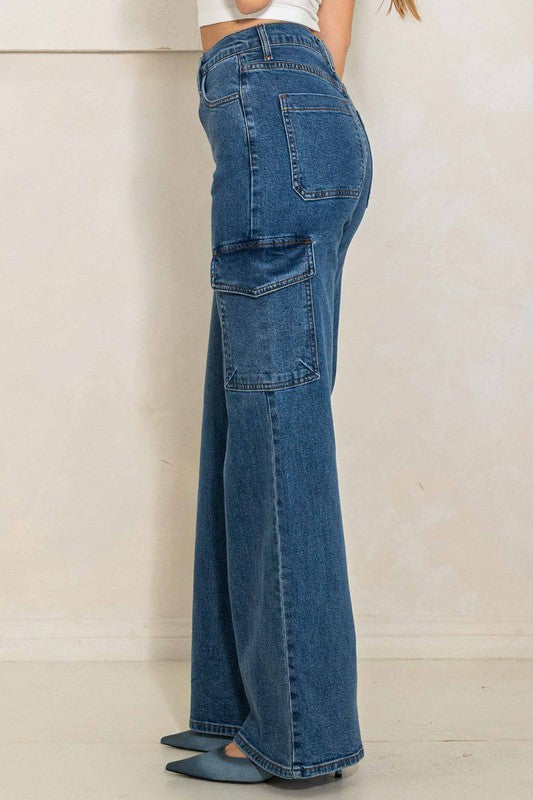 High Rise Crossed Waist Cargo Wide Jeans -  - Wild Willows Boutique - Massapequa, NY, affordable and fashionable clothing for women of all ages. Bottoms, tops, dresses, intimates, outerwear, sweater, shoes, accessories, jewelry, active wear, and more // Wild Willow Boutique.