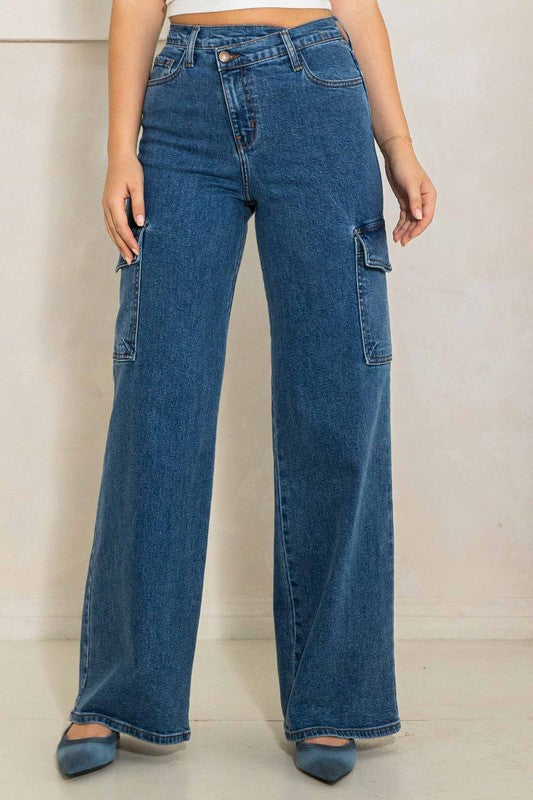 High Rise Crossed Waist Cargo Wide Jeans -  - Wild Willows Boutique - Massapequa, NY, affordable and fashionable clothing for women of all ages. Bottoms, tops, dresses, intimates, outerwear, sweater, shoes, accessories, jewelry, active wear, and more // Wild Willow Boutique.