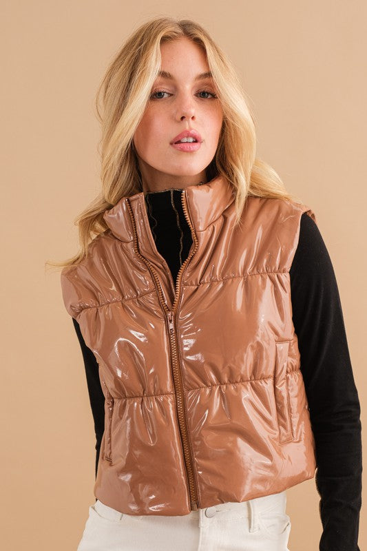 Gloss Shiny PU Quilted Puffer Zip Up Crop Vest -  - Wild Willows Boutique - Massapequa, NY, affordable and fashionable clothing for women of all ages. Bottoms, tops, dresses, intimates, outerwear, sweater, shoes, accessories, jewelry, active wear, and more // Wild Willow Boutique.