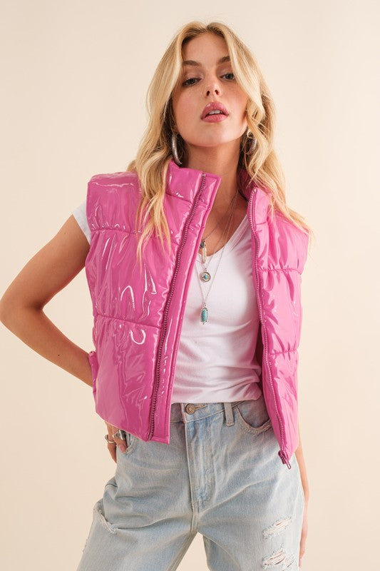 Gloss Shiny PU Quilted Puffer Zip Up Crop Vest -  - Wild Willows Boutique - Massapequa, NY, affordable and fashionable clothing for women of all ages. Bottoms, tops, dresses, intimates, outerwear, sweater, shoes, accessories, jewelry, active wear, and more // Wild Willow Boutique.