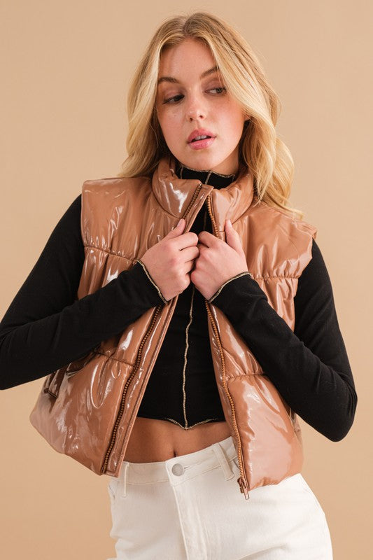 Gloss Shiny PU Quilted Puffer Zip Up Crop Vest -  - Wild Willows Boutique - Massapequa, NY, affordable and fashionable clothing for women of all ages. Bottoms, tops, dresses, intimates, outerwear, sweater, shoes, accessories, jewelry, active wear, and more // Wild Willow Boutique.