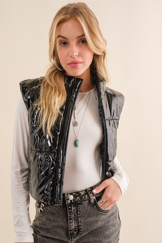 Gloss Shiny PU Quilted Puffer Zip Up Crop Vest -  - Wild Willows Boutique - Massapequa, NY, affordable and fashionable clothing for women of all ages. Bottoms, tops, dresses, intimates, outerwear, sweater, shoes, accessories, jewelry, active wear, and more // Wild Willow Boutique.