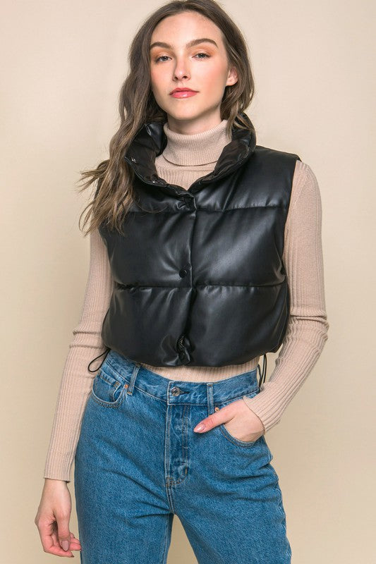 PU Faux Leather puffer West With Snap Button - outerwear - Wild Willows Boutique - Massapequa, NY, affordable and fashionable clothing for women of all ages. Bottoms, tops, dresses, intimates, outerwear, sweater, shoes, accessories, jewelry, active wear, and more // Wild Willow Boutique.