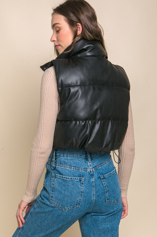 PU Faux Leather puffer West With Snap Button - outerwear - Wild Willows Boutique - Massapequa, NY, affordable and fashionable clothing for women of all ages. Bottoms, tops, dresses, intimates, outerwear, sweater, shoes, accessories, jewelry, active wear, and more // Wild Willow Boutique.