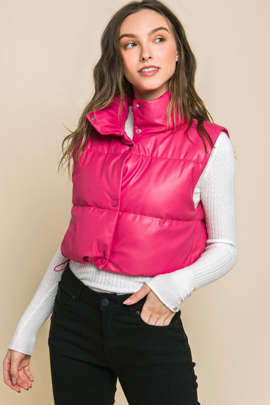 PU Faux Leather puffer West With Snap Button - outerwear - Wild Willows Boutique - Massapequa, NY, affordable and fashionable clothing for women of all ages. Bottoms, tops, dresses, intimates, outerwear, sweater, shoes, accessories, jewelry, active wear, and more // Wild Willow Boutique.