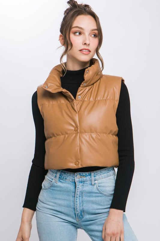 PU Faux Leather puffer West With Snap Button - outerwear - Wild Willows Boutique - Massapequa, NY, affordable and fashionable clothing for women of all ages. Bottoms, tops, dresses, intimates, outerwear, sweater, shoes, accessories, jewelry, active wear, and more // Wild Willow Boutique.