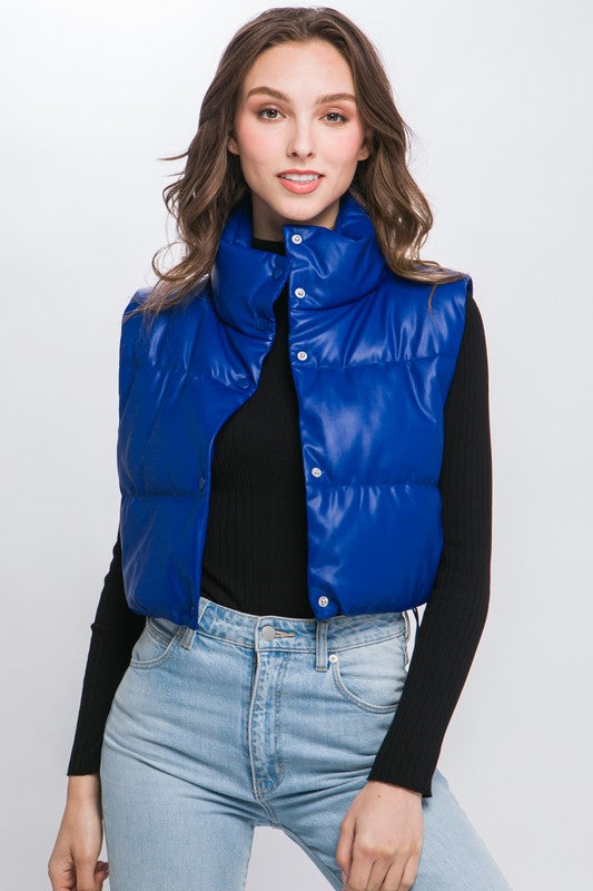 PU Faux Leather puffer West With Snap Button - outerwear - Wild Willows Boutique - Massapequa, NY, affordable and fashionable clothing for women of all ages. Bottoms, tops, dresses, intimates, outerwear, sweater, shoes, accessories, jewelry, active wear, and more // Wild Willow Boutique.