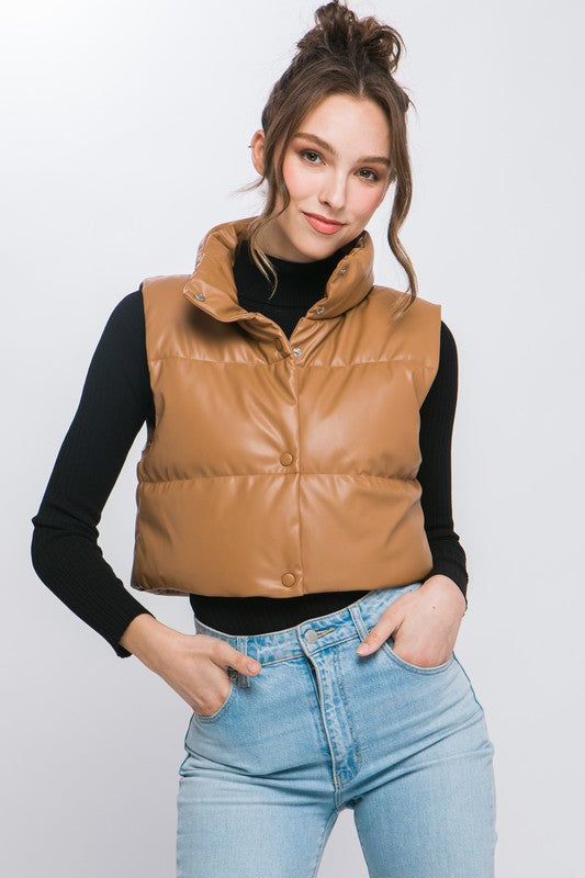 PU Faux Leather puffer West With Snap Button - outerwear - Wild Willows Boutique - Massapequa, NY, affordable and fashionable clothing for women of all ages. Bottoms, tops, dresses, intimates, outerwear, sweater, shoes, accessories, jewelry, active wear, and more // Wild Willow Boutique.