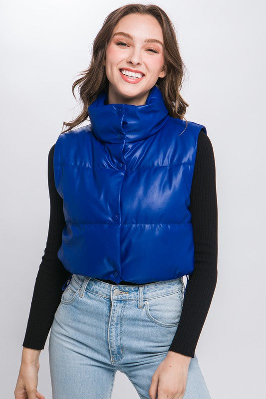 PU Faux Leather puffer West With Snap Button - outerwear - Wild Willows Boutique - Massapequa, NY, affordable and fashionable clothing for women of all ages. Bottoms, tops, dresses, intimates, outerwear, sweater, shoes, accessories, jewelry, active wear, and more // Wild Willow Boutique.