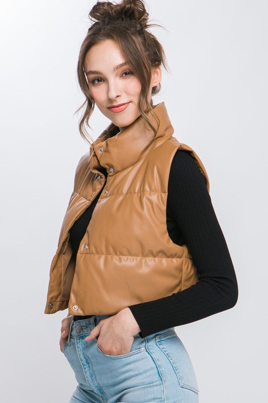 PU Faux Leather puffer West With Snap Button - outerwear - Wild Willows Boutique - Massapequa, NY, affordable and fashionable clothing for women of all ages. Bottoms, tops, dresses, intimates, outerwear, sweater, shoes, accessories, jewelry, active wear, and more // Wild Willow Boutique.