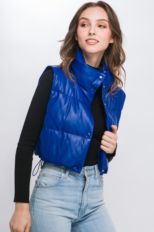 PU Faux Leather puffer West With Snap Button - outerwear - Wild Willows Boutique - Massapequa, NY, affordable and fashionable clothing for women of all ages. Bottoms, tops, dresses, intimates, outerwear, sweater, shoes, accessories, jewelry, active wear, and more // Wild Willow Boutique.