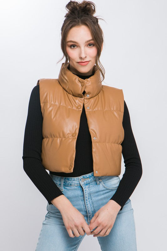 PU Faux Leather puffer West With Snap Button - outerwear - Wild Willows Boutique - Massapequa, NY, affordable and fashionable clothing for women of all ages. Bottoms, tops, dresses, intimates, outerwear, sweater, shoes, accessories, jewelry, active wear, and more // Wild Willow Boutique.