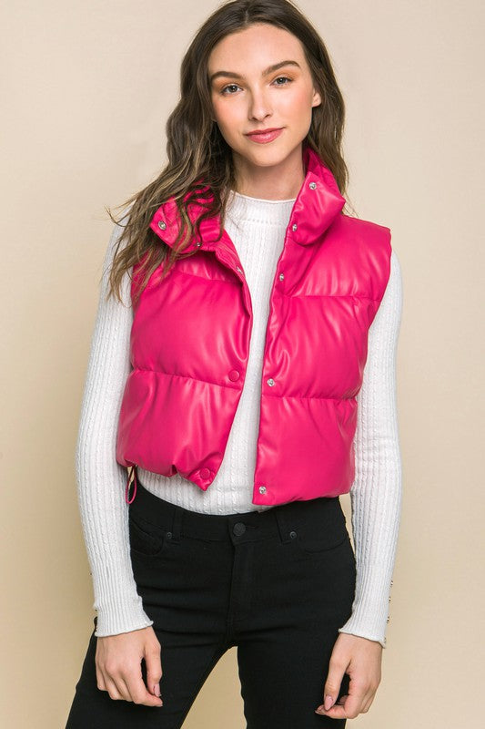 PU Faux Leather puffer West With Snap Button - outerwear - Wild Willows Boutique - Massapequa, NY, affordable and fashionable clothing for women of all ages. Bottoms, tops, dresses, intimates, outerwear, sweater, shoes, accessories, jewelry, active wear, and more // Wild Willow Boutique.