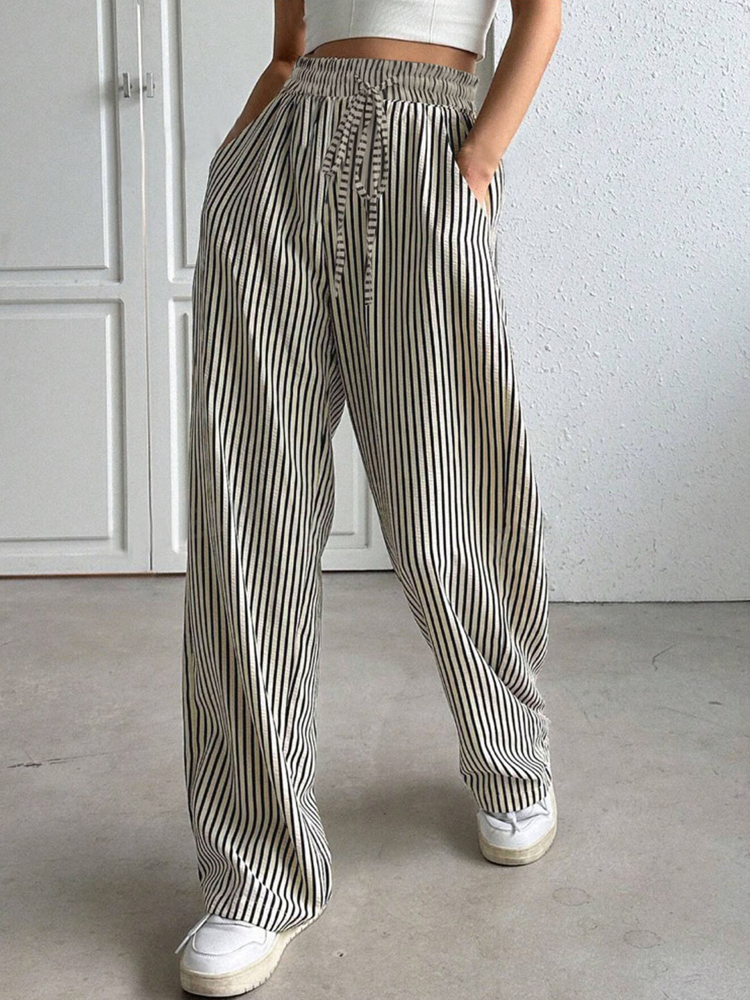 Drawstring Striped Elastic Waist Pants - Wild Willows Boutique NY – Massapequa, New York. Affordable and fashionable clothing for women of all ages. Bottoms, tops, dresses, intimates, outerwear, sweaters, shoes, accessories, jewelry, activewear and more//wild Willow Boutique