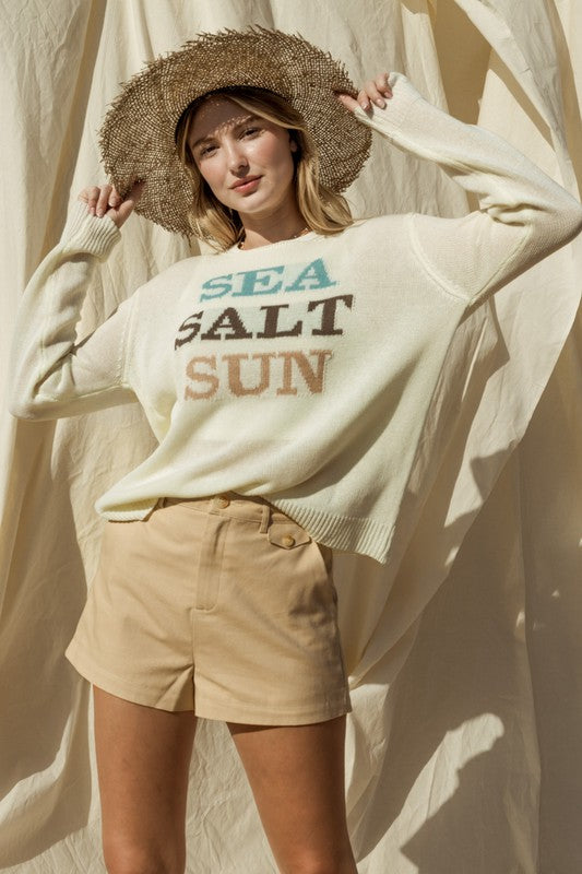 Round neck, long sleeve sea salt, sun sweater -Wild Willows Boutique NY – Massapequa, New York. Affordable and fashionable clothing for women of all ages. Bottoms, tops, dresses, intimates, outerwear, sweaters, shoes, accessories, jewelry, activewear and more//wild Willow Boutique