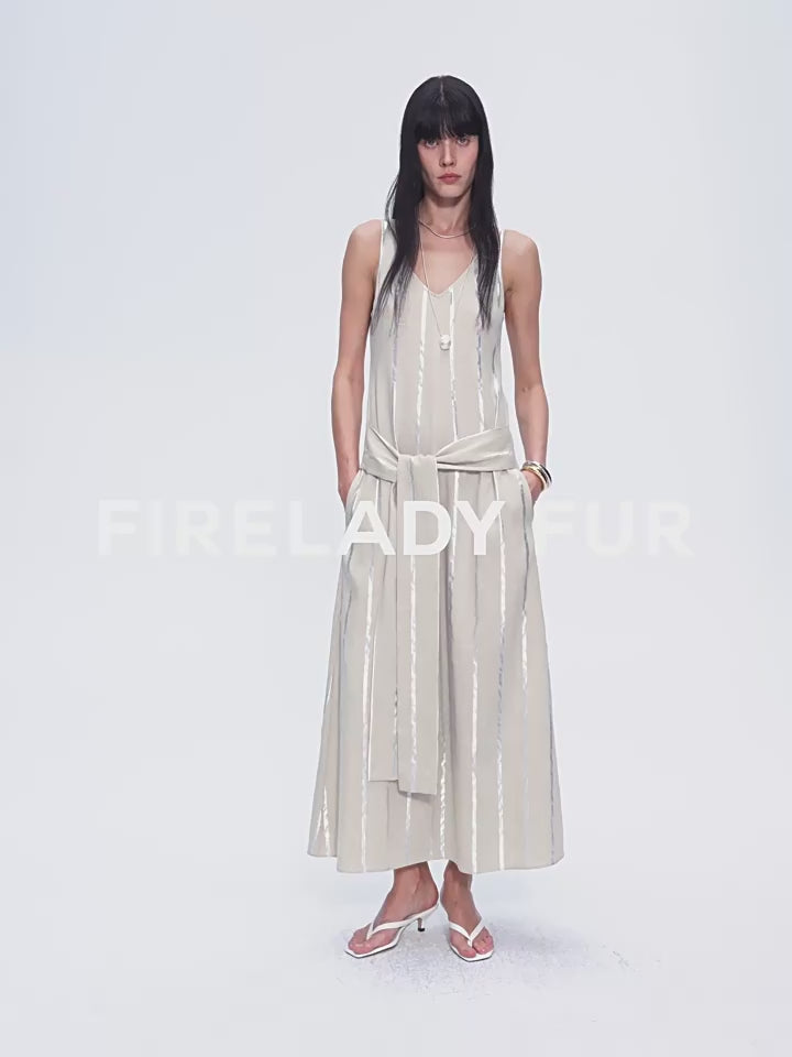 Silver Striped Linen V-Neck Drape Dress"Milan Holiday"