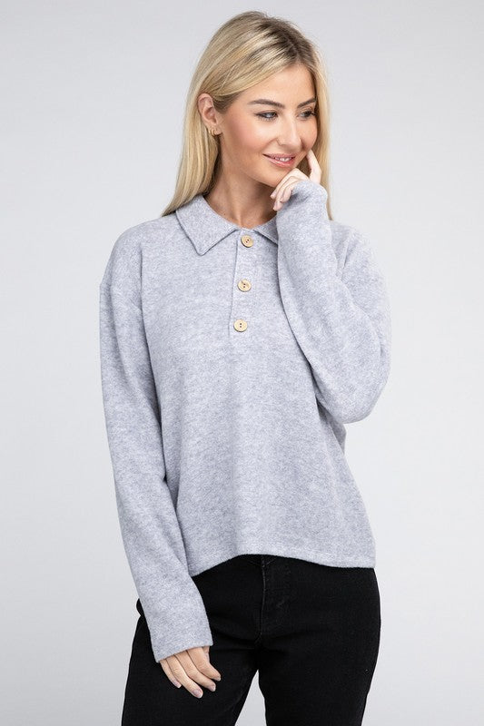 Brushed Melange Hacci Collared Sweater -  - Wild Willows Boutique - Massapequa, NY, affordable and fashionable clothing for women of all ages. Bottoms, tops, dresses, intimates, outerwear, sweater, shoes, accessories, jewelry, active wear, and more // Wild Willow Boutique.