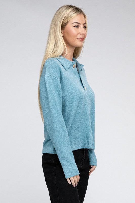 Brushed Melange Hacci Collared Sweater -  - Wild Willows Boutique - Massapequa, NY, affordable and fashionable clothing for women of all ages. Bottoms, tops, dresses, intimates, outerwear, sweater, shoes, accessories, jewelry, active wear, and more // Wild Willow Boutique.