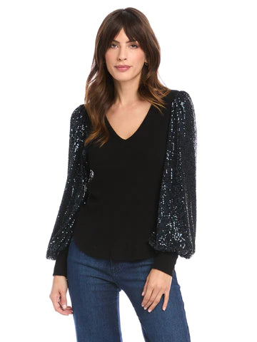 Fifteen Twenty Navy Sequin Sleeve Top -  - Wild Willows Boutique - Massapequa, NY, affordable and fashionable clothing for women of all ages. Bottoms, tops, dresses, intimates, outerwear, sweater, shoes, accessories, jewelry, active wear, and more // Wild Willow Boutique.