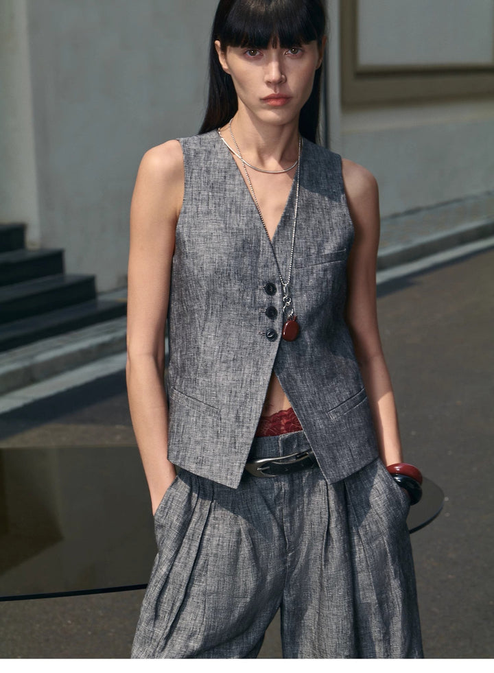 Linen Draped Vest and Straight Trousers Suit