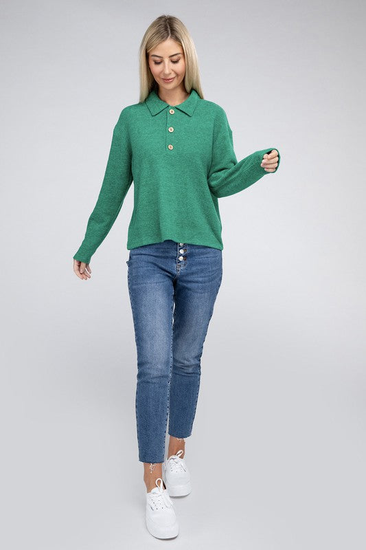 Brushed Melange Hacci Collared Sweater -  - Wild Willows Boutique - Massapequa, NY, affordable and fashionable clothing for women of all ages. Bottoms, tops, dresses, intimates, outerwear, sweater, shoes, accessories, jewelry, active wear, and more // Wild Willow Boutique.