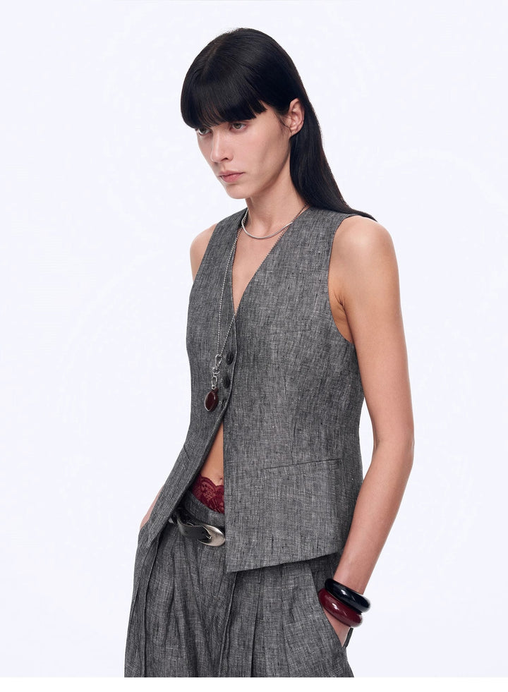 Linen Draped Vest and Straight Trousers Suit
