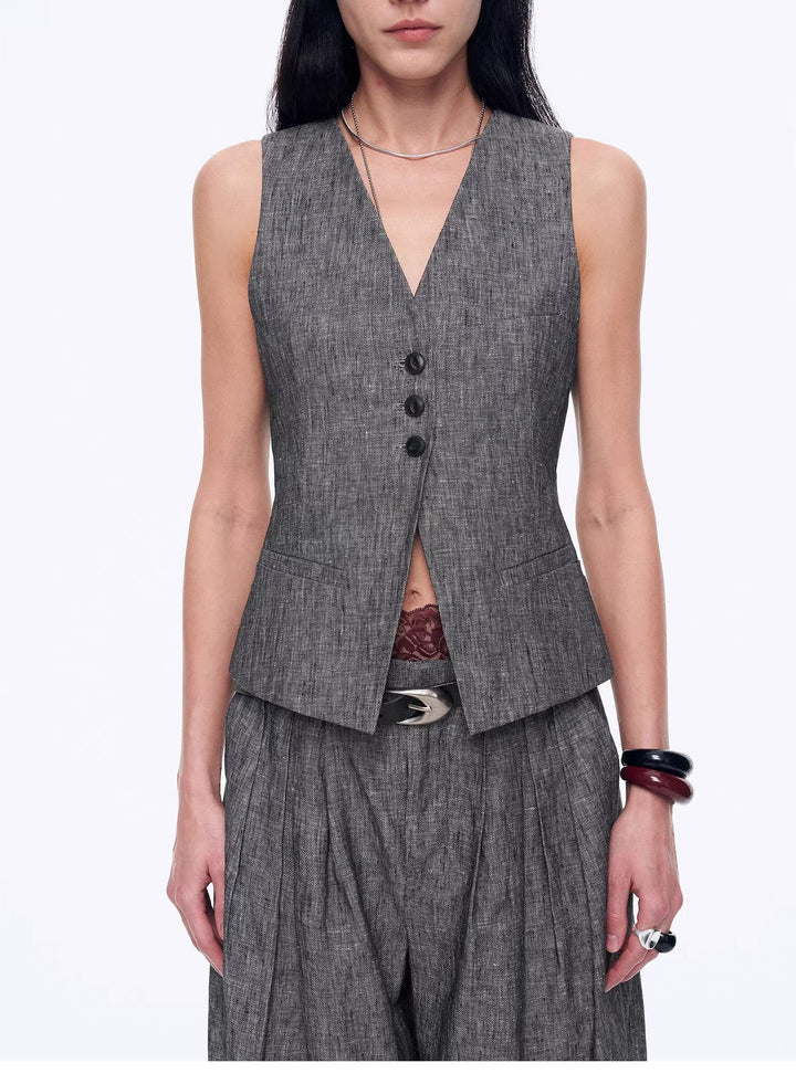 Linen Draped Vest and Straight Trousers Suit
